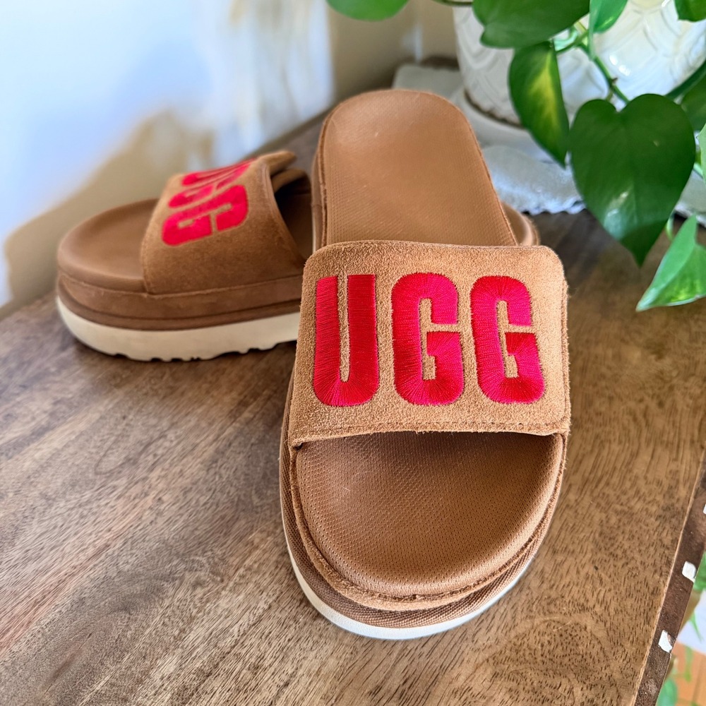 UGG Laton Slide Sandals Women 6 Chestnut Suede Puffy Logo Platform Comfort Shoes - Picture 1 of 11